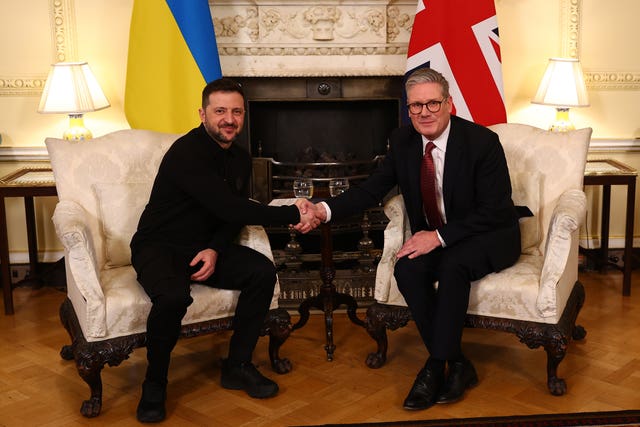 Prime Minister Sir Keir Starmer with Ukrainian President Volodymyr Zelensky at 10 Downing Street during a bilateral meeting