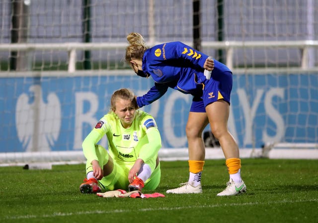 England and Everton midfielder Izzy Christiansen consoles Hannah Hampton at full-time 