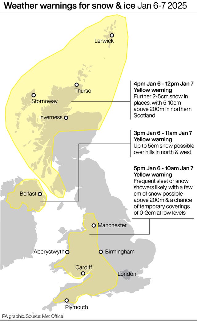 Map showing weather warnings for snow & ice Jan 6-7 2025. 