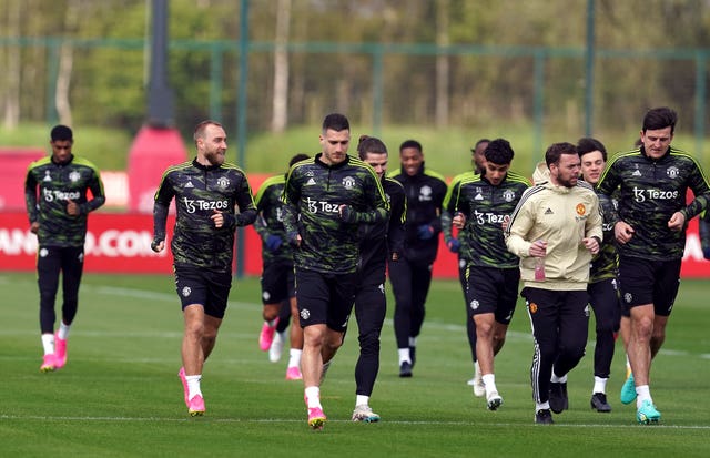 Christian Eriksen in training with his Manchester United team-mates