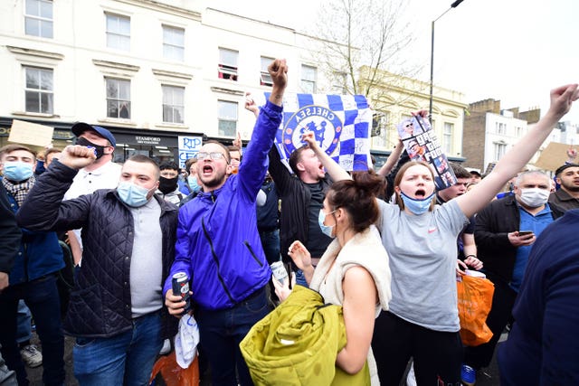 Chelsea fans protesting against the Super League outside Stamford Bridge in April 2021