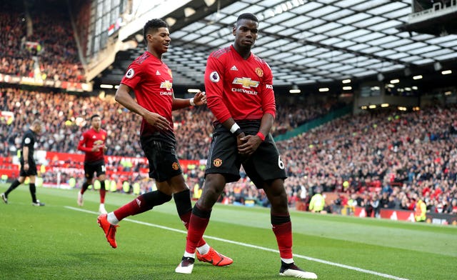 Paul Pogba celebrates scoring Manchester United's second goal of the game in his side's 2-1 win against West Ham at Old Trafford 