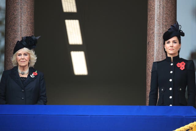 The Duchess of Cornwall and the Duchess of Cambridge during the Remembrance Sunday service at the Cenotaph 