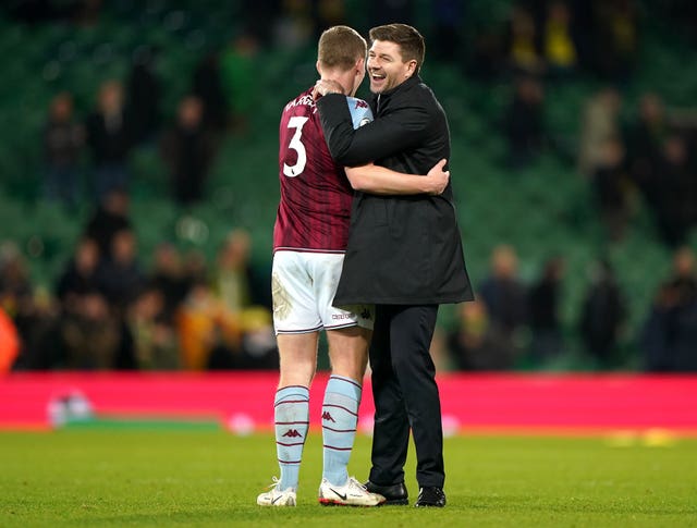 Steven Gerrard, right, celebrates Villa''s win