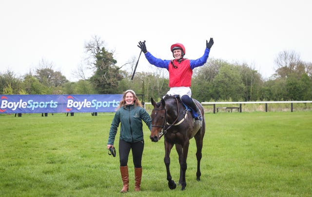 Jockey Paul Townend celebrates after riding Aurora Vega to victory 