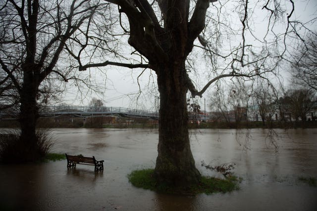 Flood water after the River Severn burst its banks in Worcester (Jacob King/PA)