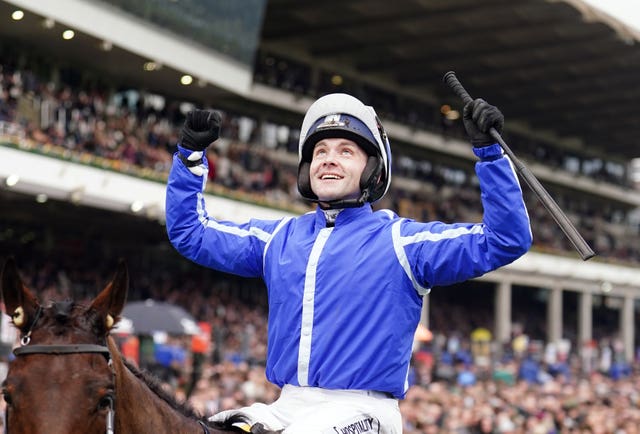 Jonjo O’Neill Jr looks to the skies in the aftermath of the win