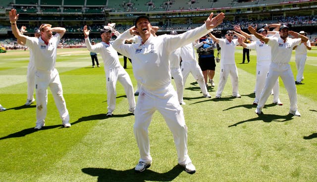 England celebrate their 2010-11 Ashes win in Melbourne (Gareth Copley/PA)