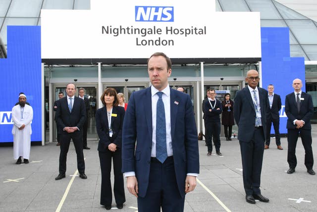 Health Secretary, Matt Hancock at the opening of the NHS Nightingale Hospital at the ExCel centre in London (Stefan Rousseau/PA)