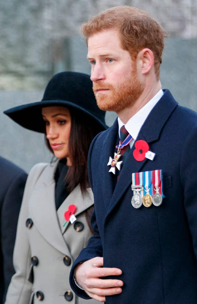 Prince Harry and Meghan Markle during a Dawn Service at the Australian memorial, Wellington Arch to commemorate Anzac Day (Tolga Akmen/PA)