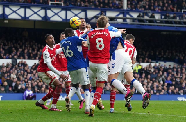 James Tarkowski, second right and partly hidden, scores Everton's winner against Arsenal