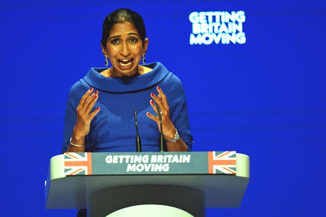 Home Secretary Suella Braverman speaking during the Conservative Party annual conference at the International Convention Centre in Birmingham