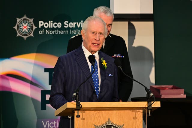 Charles speaking during a visit to the Newforge complex in Belfast