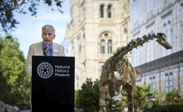 Museum director Dr Doug Gurr speaks at the unveiling the bronze dinosaur