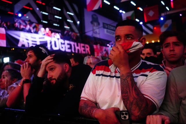England fans at BOXPARK Croydon in London react to England’s World Cup defeat