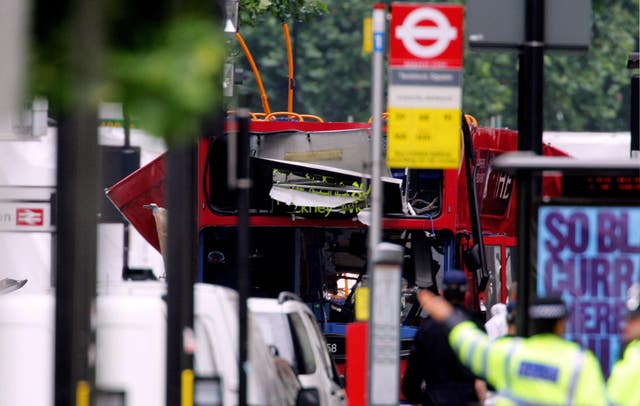 The wreckage of the bus that was blown up in Tavistock Square