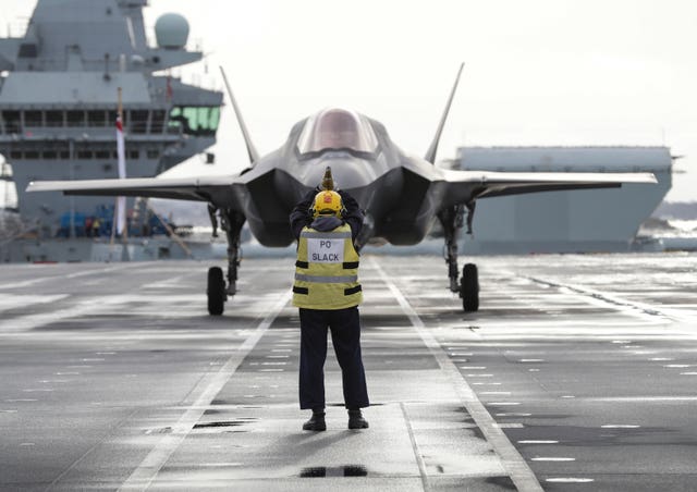 The RAF F-35B Lightning jet preparing to take off 