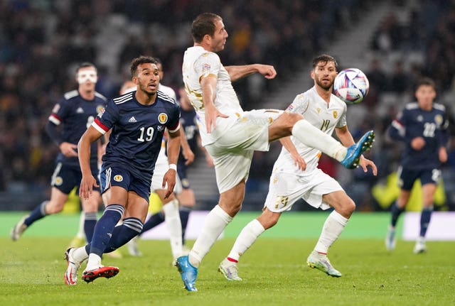 Scotland’s Jacob Brown (left) in action during the UEFA Nations League match at Hampden Park, Glasgow. Picture date: Wednesday June 8, 2022.