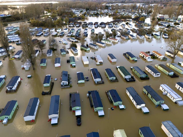 Flooded caravans at Billing Aquadrome Holiday Park near Northampton, Northamptonshire.