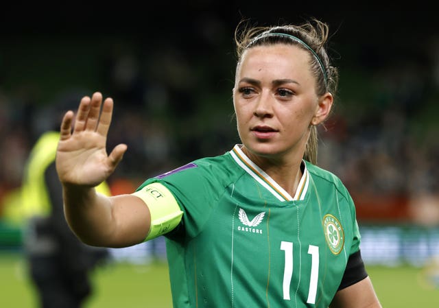 Republic of Ireland captain Katie McCabe salutes the fans after defeat to England