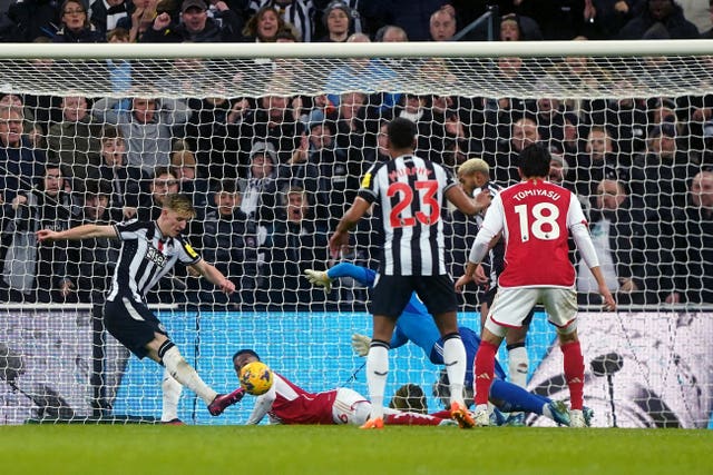 Newcastle's Anthony Gordon scores the only goal in last season's Premier League clash with Arsenal at St James' Park