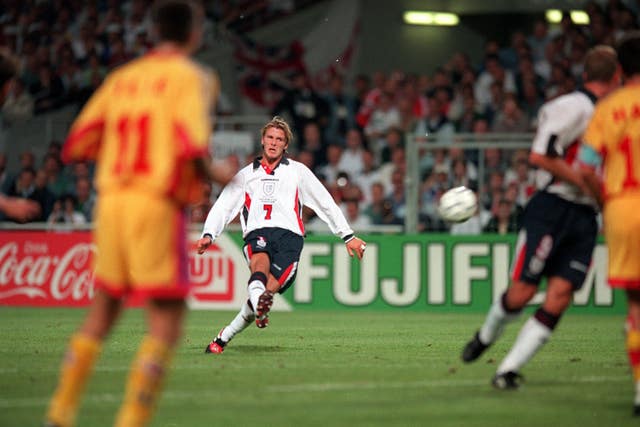 David Beckham plays in the England v Romania match during World Cup 1998 (Adam Butler/PA)