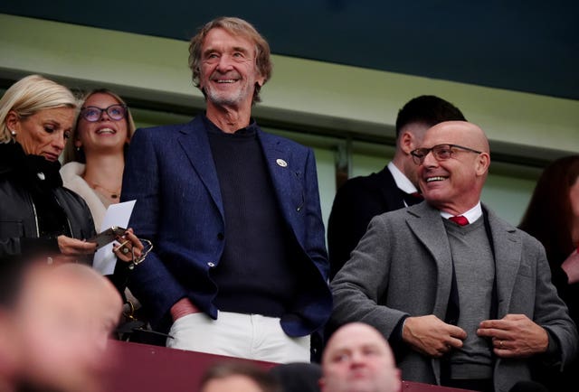 Sir Jim Ratcliffe, Ineos CEO and minority shareholder at Manchester United (left) speaks with Sir Dave Brailsford, head of sport for the INEOS group during the Premier League match at Villa Park