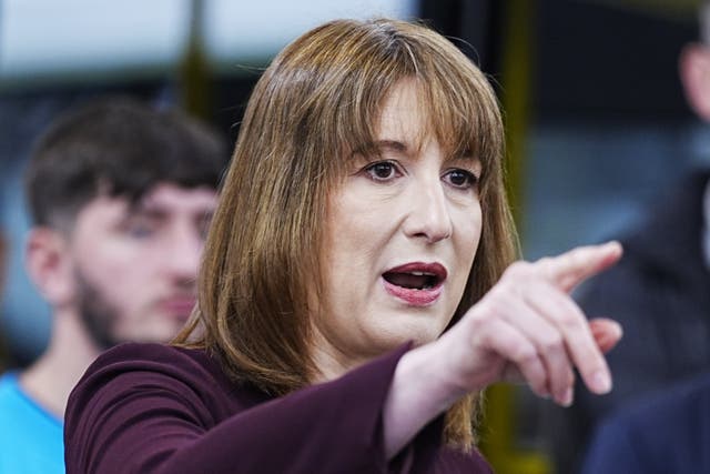 Rachel Reeves points as she delivers a speech