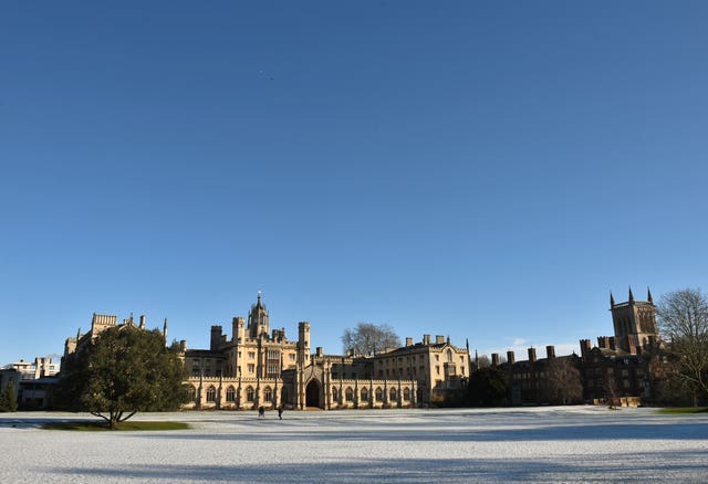 A dusting of snow surrounds St John’s College in Cambridge (Joe Giddens/PA)