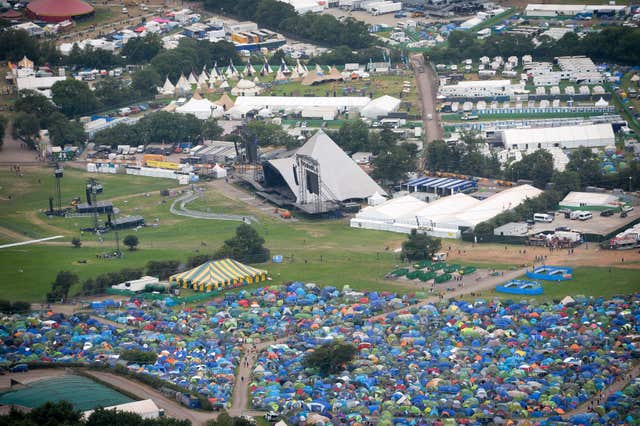An aerial view of the Pyramid stage during the Glastonbury Festival at Worthy Farm in Pilton, Somerset (Ben Birchall/PA)