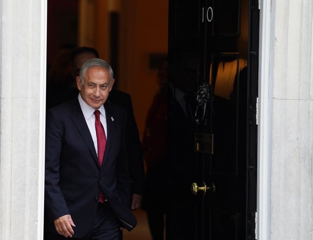 Israeli Prime Minister Benjamin Netanyahu at the door of No 10