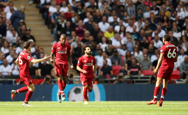 Georginio Wijnaldum, second left, celebrates Liverpool''s opening goal