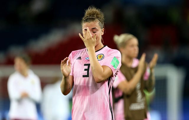 Scotland's Nicola Docherty cuts a dejected figure at the final whistle in Paris