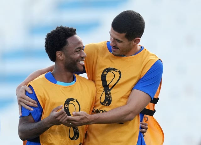 Raheem Sterling (left) pictured with Conor Coady as he returned to England training 