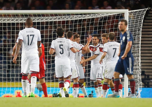 Germany players celebrate a goal at Hampden in 2015