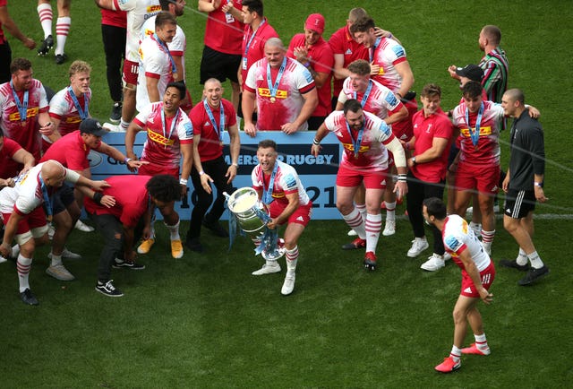 Danny Care lifts the Gallagher Premiership trophy