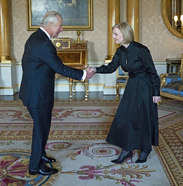 King Charles III receives Prime Minister Liz Truss in the 1844 Room at Buckingham Palace