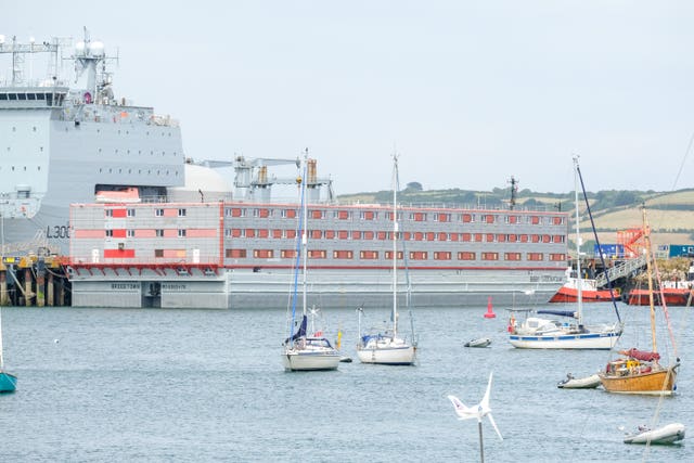 The Bibby Stockholm accommodation barge at Falmouth docks in Cornwall