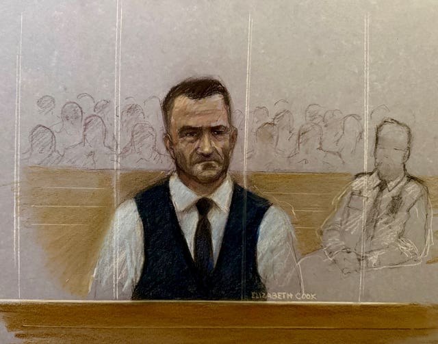 Court artist sketch of Tommy Robinson in court on Monday