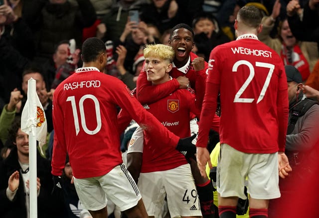 Alejandro Garnacho celebrates his goal for Manchester United against West Ham