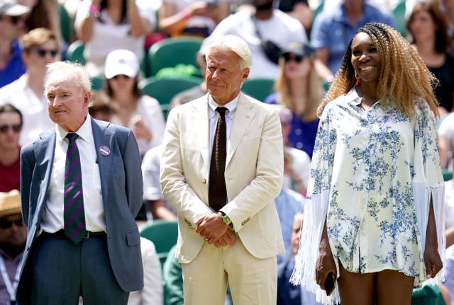 Bjorn Borg, centre, was introduced to the crowd by his great former rival John McEnroe 