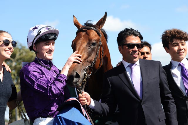 Power Blue and jockey David Egan with owner Kia Joorabchian at the Curragh in the winner’s enclosure