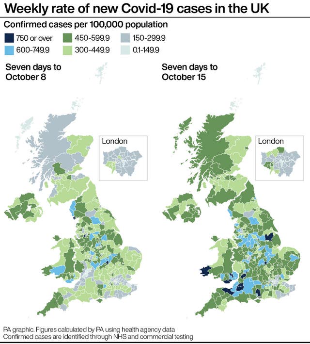 PA infographic showing weekly rate of new Covid-19 cases in the UK