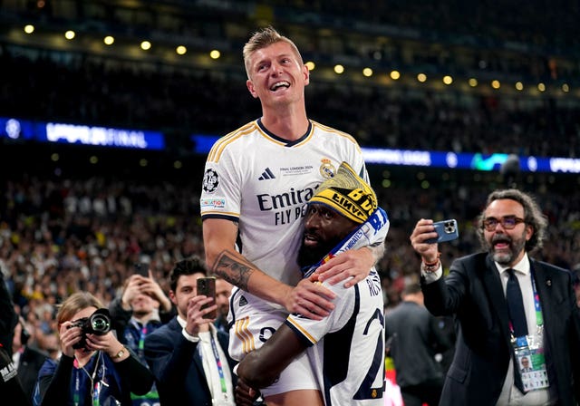 Germany internationals Toni Kroos and Antonio Rudiger celebrate their Champions League success with Real Madrid