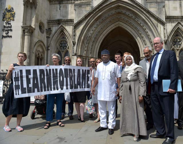 Hadiza Bawa-Garba and her supporters and legal team outside the High Court in London
