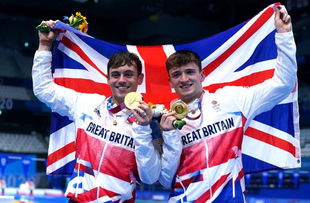 File photo dated 26-07-2021 of Great Britain’s Tom Daley (left) and Matty Lee celebrate winning gold in the Men’s Synchronised 10m Platform Final at the Tokyo 2020 Olympic Games. 