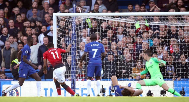 Anthony Martial celebrates his equaliser against Chelsea