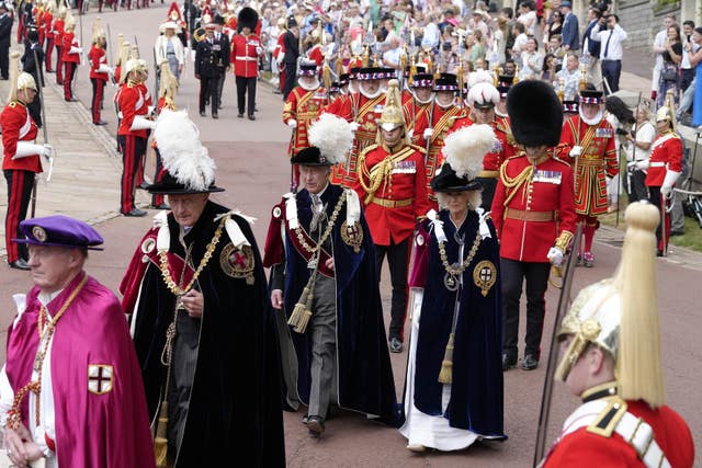 The King and Queen arriving for the Order of the Garter Service at St George’s Chapel, Windsor Castle, in June 2023 