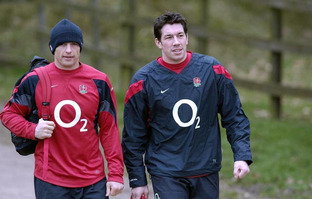 Tom Voyce, right, pictured with Matt Dawson at an England training session 