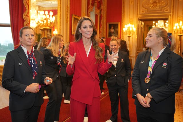 The Princess of Wales, patron of the Rugby Football Union, during a reception for the England Women’s Rugby team, following their World Cup win in September 2025, at Windsor Castle, Berkshire 